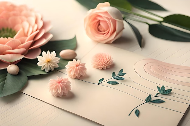 A paper with flowers and a card with a pink flower on it.