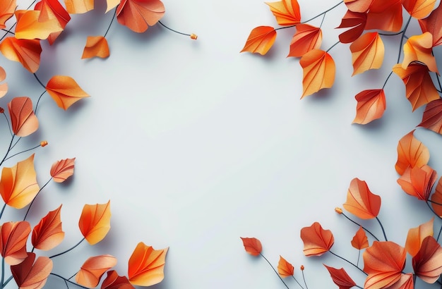 Papercraft Autumn Leaves and Flowers Border on White Background