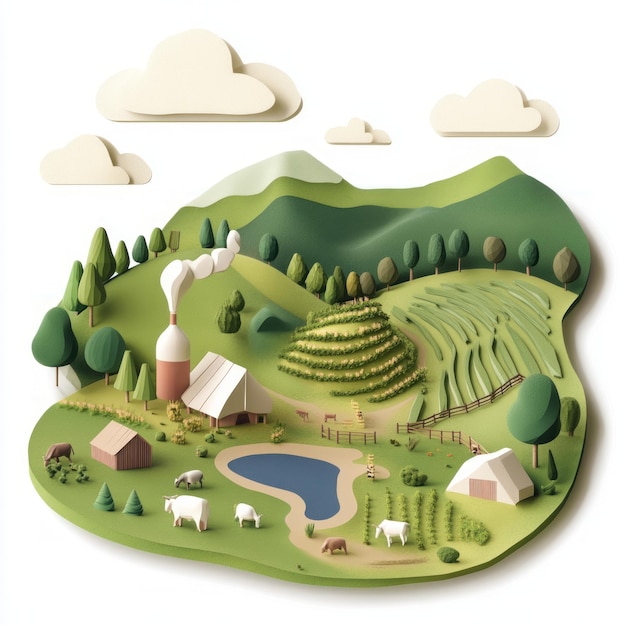 A papercraft illustration of a picturesque farm with green hills trees a pond and animals