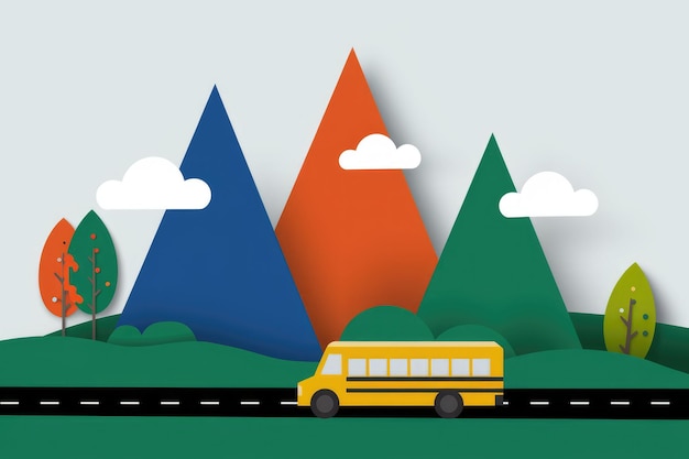 Photo papercraft mountain landscape with colorful tree and school bus