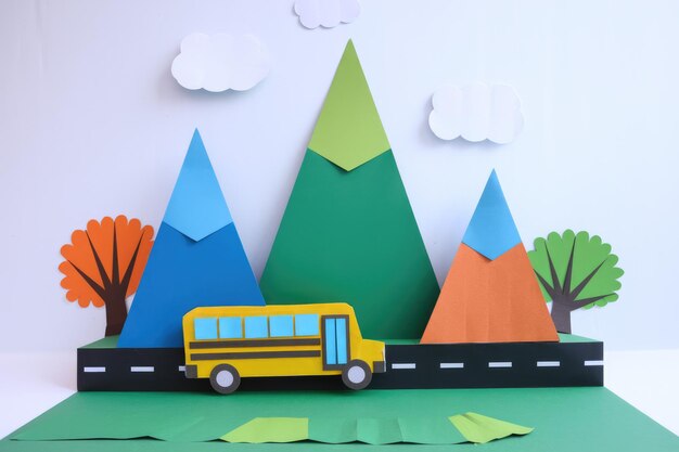 Papercraft Mountain Landscape With Colorful Tree And School Bus