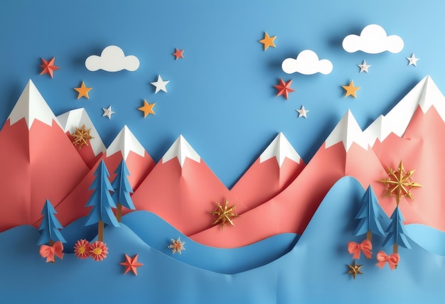 Papercraft winter landscape with mountains trees and stars