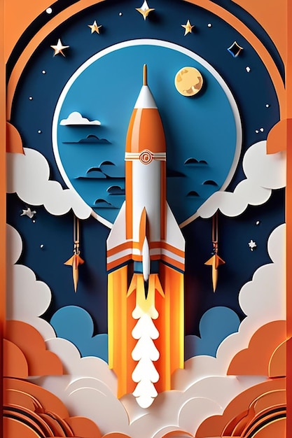 Papercut animation of rocket on a blue background with stars and clouds