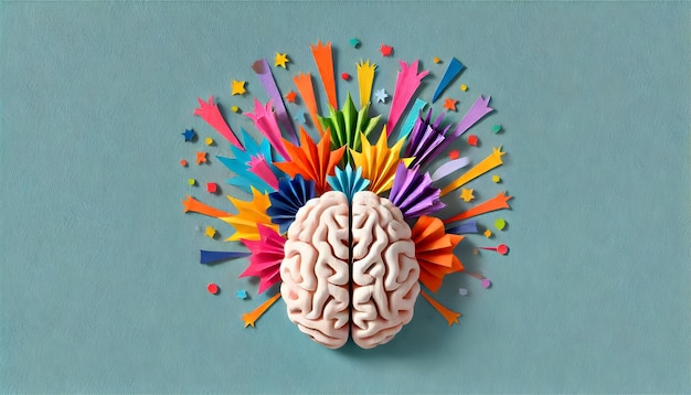 PaperCut Brain with Colorful Bursts and Explosions Symbolizing Hyperactivity of ADHD Handmade Paper