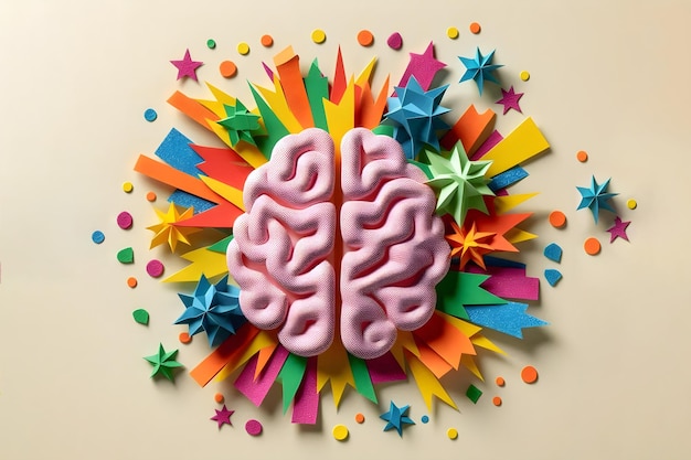 PaperCut Brain with Colorful Bursts Explosions Symbolizing Hyperactivity and Impulsivity of ADHD