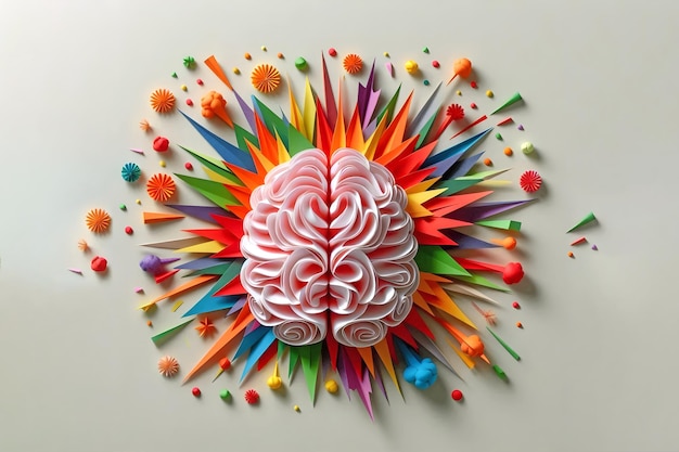 PaperCut Brain with Colorful Bursts Explosions Symbolizing Hyperactivity and Impulsivity of ADHD