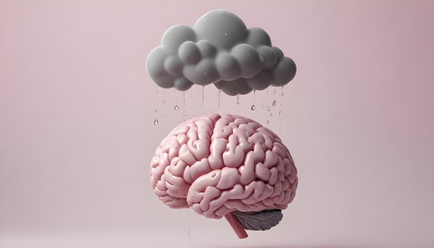 PaperCut Brain with Dark Cloud and Raindrops Symbolizing Depression in Handmade Paper Texture Style