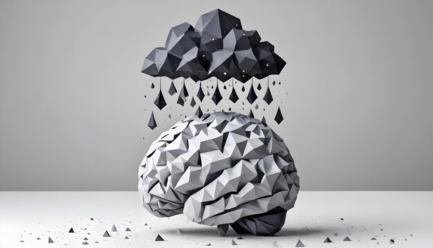 PaperCut Brain with Dark Cloud and Raindrops Symbolizing Depression in Handmade Paper Texture Style