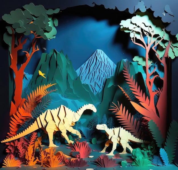 Papercut Dinosaur Cutout Diorama Prehistoric Woods Illustration Children Design Generative AI