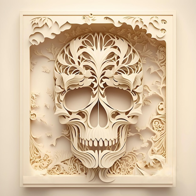 Papercut Flat Skull Cutout Human Head Healthcare Illustration Day of the Dead Generative AI