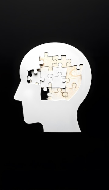 Photo papercut head with jigsaw puzzle pieces inside mental health problems psychology memory logic