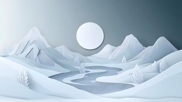 Photo papercut illustration of a mountainous landscape with a river and a full moon