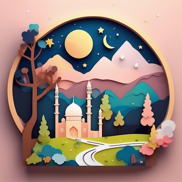 Photo papercut image of nature and the great mosque background