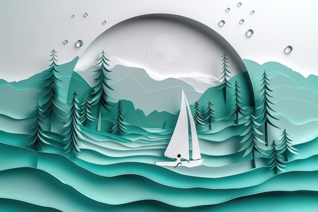 Photo papercut landscape with sailboat