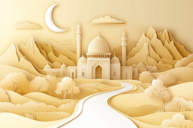 Photo papercut mosque and mountains