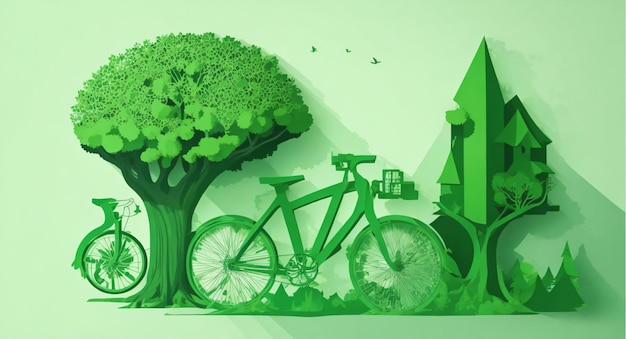 papercut style of egosystem concepttreebuilding and bicyclegreen color illustration Generative AI