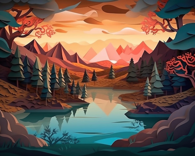 A papercut style fantasy landscape of trees lake and mountains illustrated in 3D Generative AI