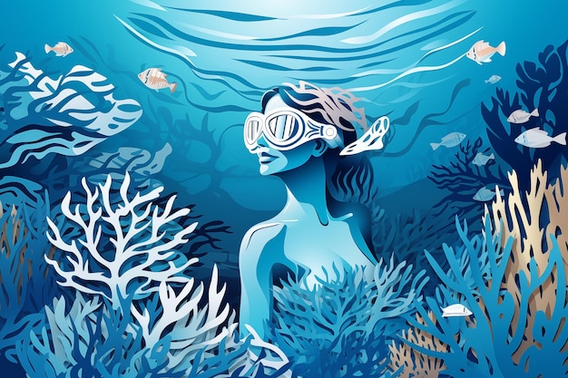 Papercut style of snorkeling under sea by Generative AI