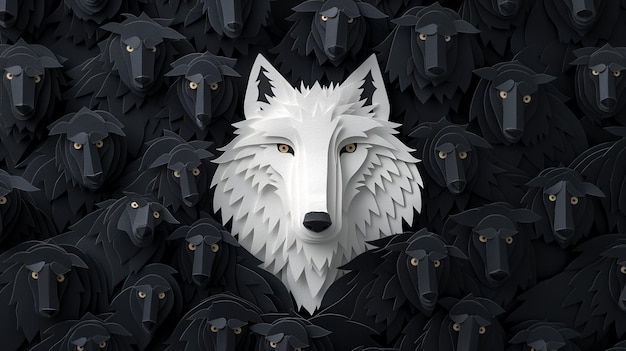 Papercut White Wolf Standing Out Among Black Wolves