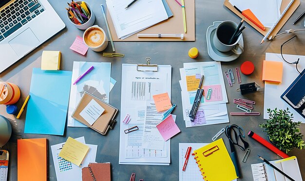 Photo paperwork on a modern collaborative workspace table