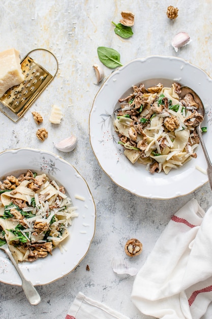 Pappardelle pasta mushroom and spinach dish