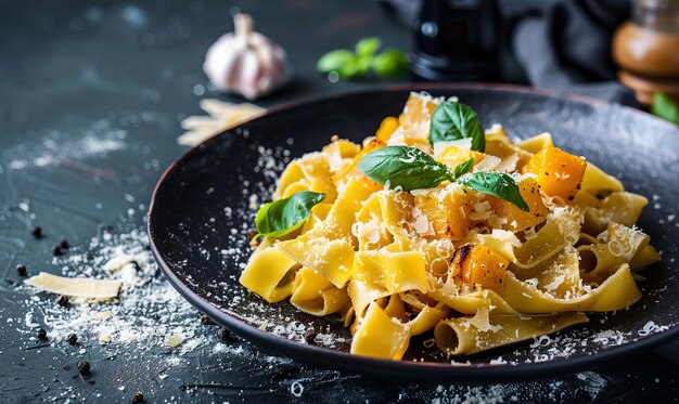 Photo pappardelle pasta with roasted butternut squash topped with shaved parmesan and basil on a dark atmospheric background