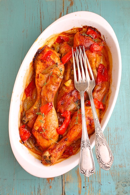 Paprika chicken baked with onion, garlic and red pepper