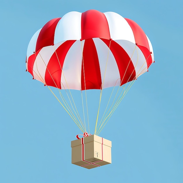 A parachute holding a delivery cardboard box is flying Delivery service concept