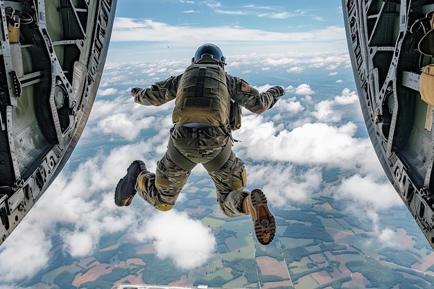 Photo parachutist with parachute makes heavenly adventure against backdrop of landscape