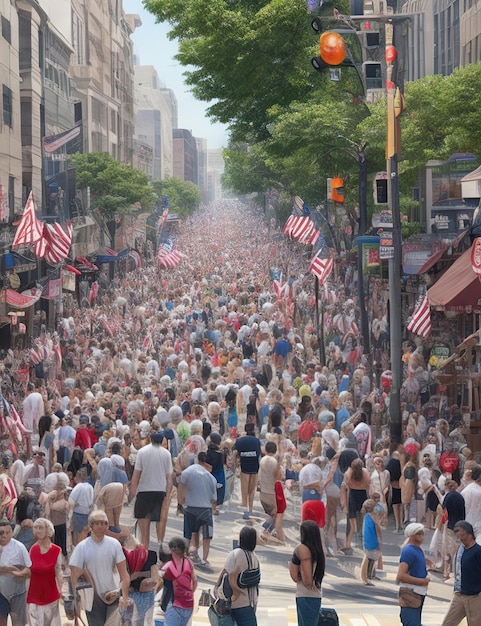 Parade on the city street on Labor Day with people celebrating the holiday