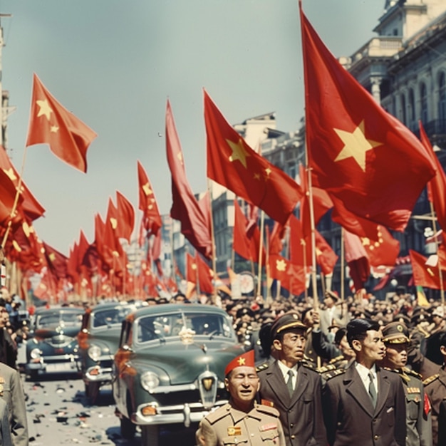 a parade of flags with a red cross on the top