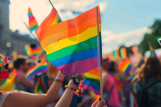 a parade of people holding rainbow flags in the style of brandon woelfel selective focus