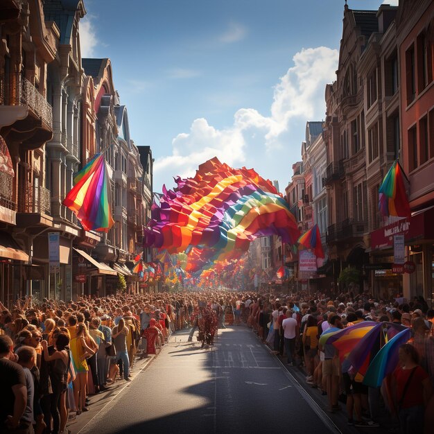 a parade of people on a street with a rainbow flag