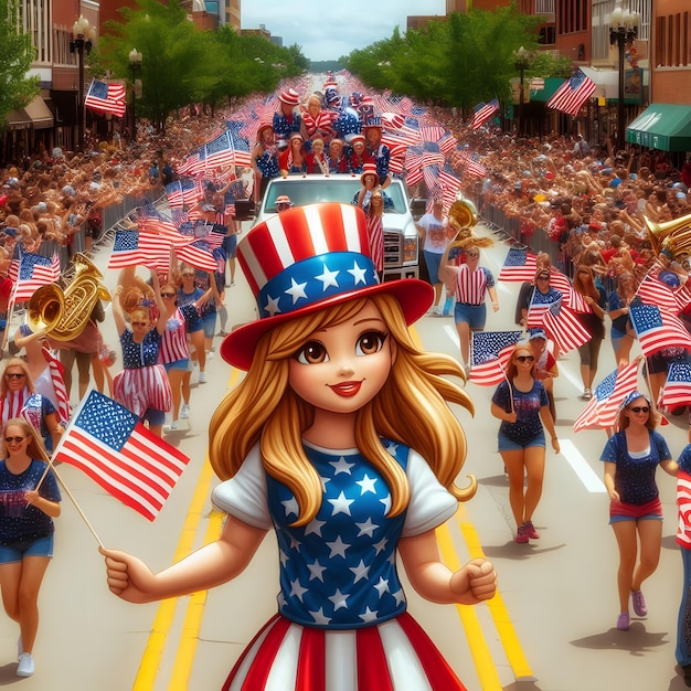 a parade of people with a flag and a woman wearing a patriotic outfit