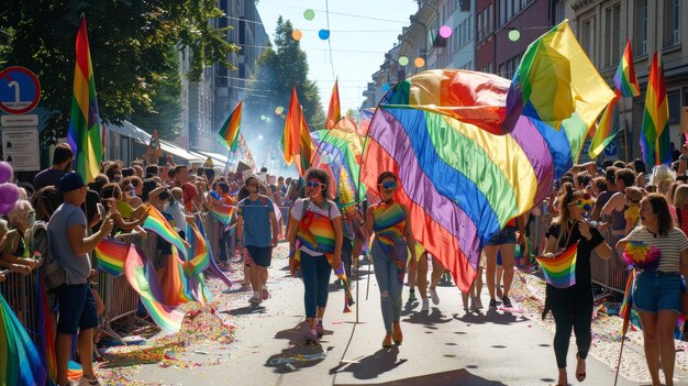 a parade of people with rainbow flags and rainbow colors