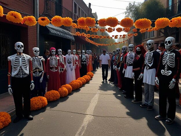 a parade of skeletons and skeletons are lined up in a row