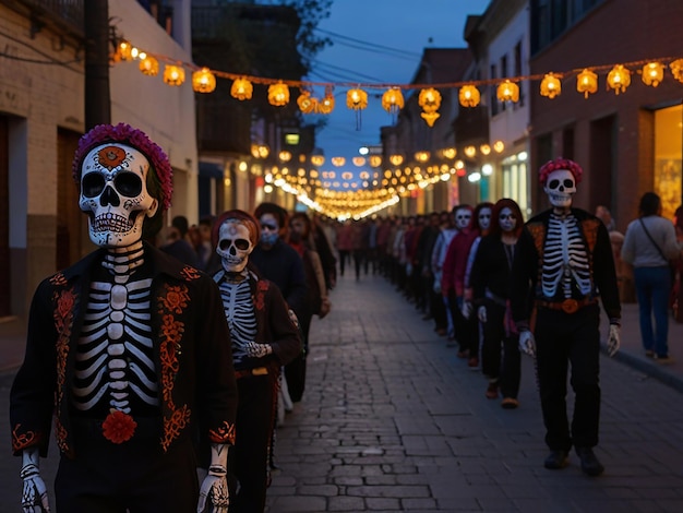 a parade of skulls and skeletons are walking down a street