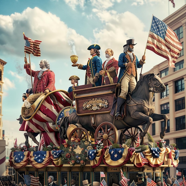 Parade with Floats Representing Different Eras