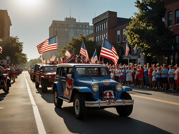 a parade with a jeep and american flags on the side of the road