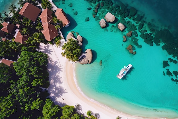 Paradise beach of a tropical island palm trees white sand azure water Drone view Generative AI