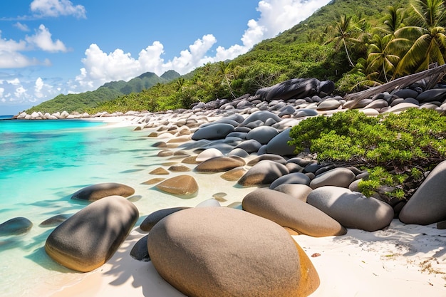 Paradise beach of a tropical island palm trees white sand azure water Famous stone beach