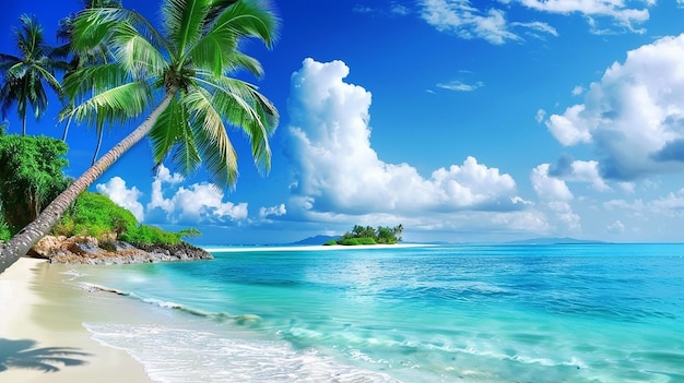 Paradise beach of a tropical island palm trees