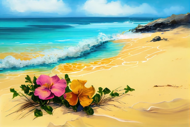 Paradise Beach White Sand Plumeria Ocean Wave Exotic Beach Hibiscus Abstract Generative AI Illustration