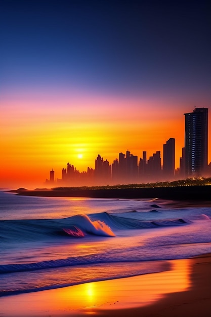 Paradise beach with sunset in bright lights of a city with futuristic buildings