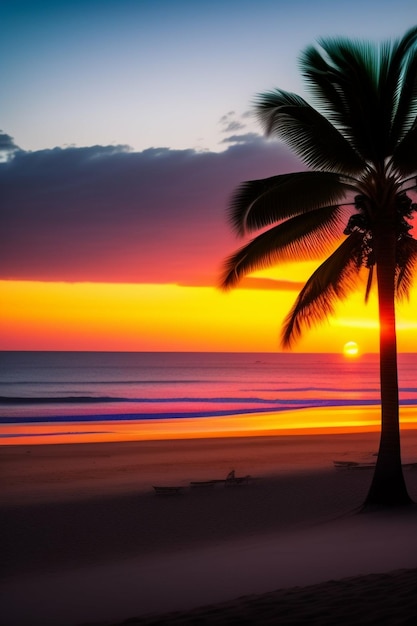 Paradise beach with sunset in bright lights of a city