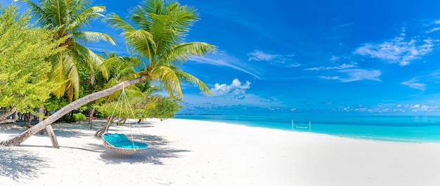 Paradise island beach, love freedom travel concept. Sunny sky sand sea shore, exotic landscape