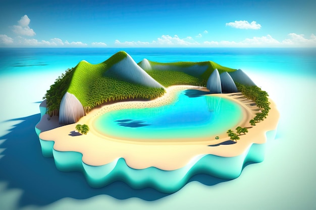 Paradise Island white sand crystal clear blue water Beautiful landscape 3d illustration