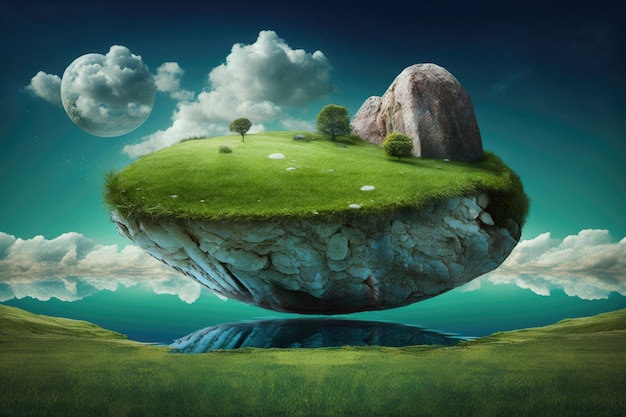 Paradise rock floats above a green field in the sky in this image abstract background