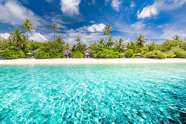 Paradise sunny beach white sand, coco palms and turquoise sea in tropical island. Summer vacation