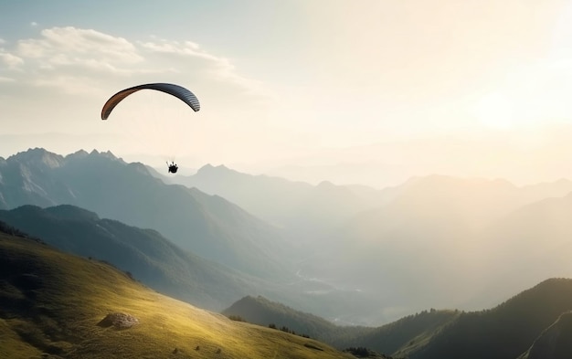 A paraglider flies over a mountain landscape.